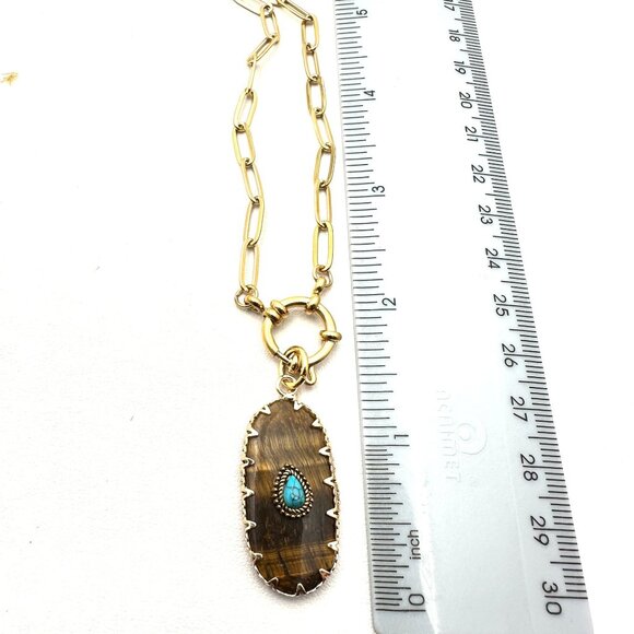 Tigers Eye Turquoise Gemstone Pendant Necklace 18K Gold Plated Chain 17 Inch - Picture 6 of 8